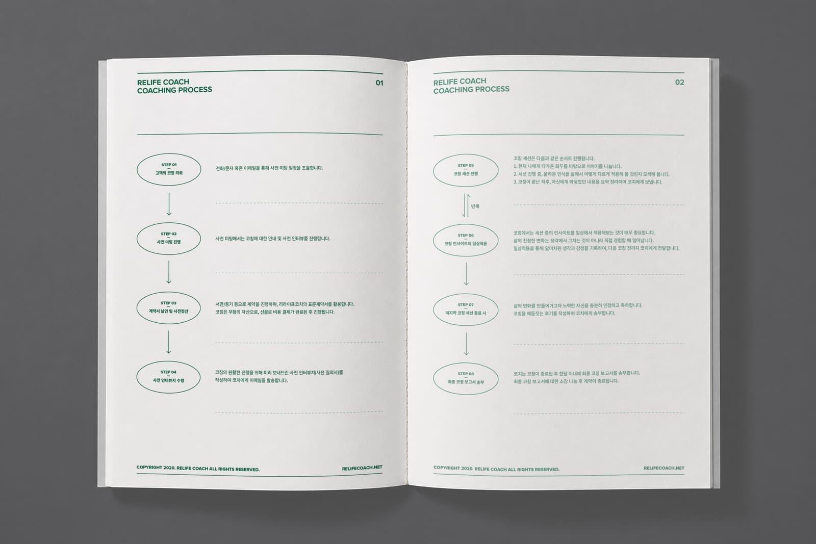 Coaching-process booklet open to an eight-step flow diagram, printed in green on textured paper.